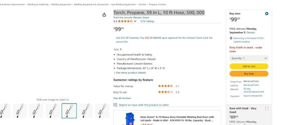 Torch, Propane, 39 in L, 10 Ft Hose, 500, 000 (PO1017530)