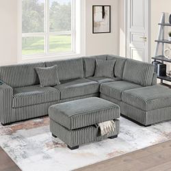 Brand New Grey Corduroy Sectional Sofa w Storage Ottoman 