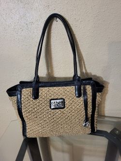 Brighton Vintage Large Ivory And Black Shoulder Straw And Croc Embossed Leather Handbag.