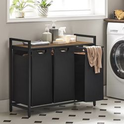 VASAGLE Laundry Hamper Laundry Basket 3 x 10 Gallons (38L) with Shelf 3 Pull-Out and Removable Bags Rustic Brown and Black