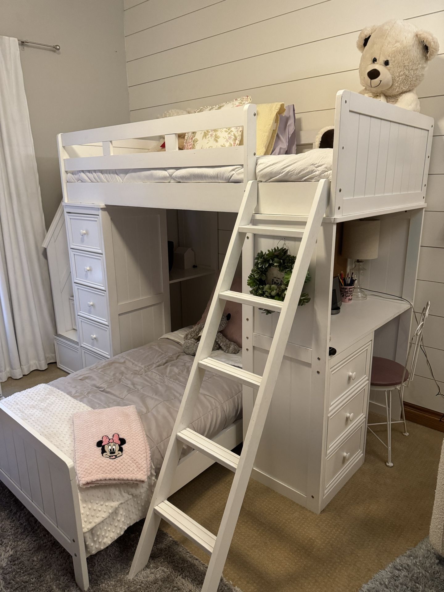 Pottery Barn Kids White Stair Twin Loft Bed with Lower Bed and Desk