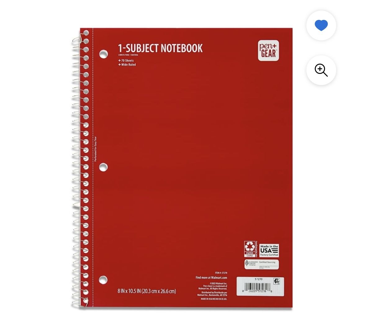 Notebook Pen+Gear Wide Rule Red 1 Sub Notebook, 8"x10.5, 70 Sheets Each (1 Pack), New