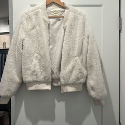 Beige Faux Feather Bomber Jacket