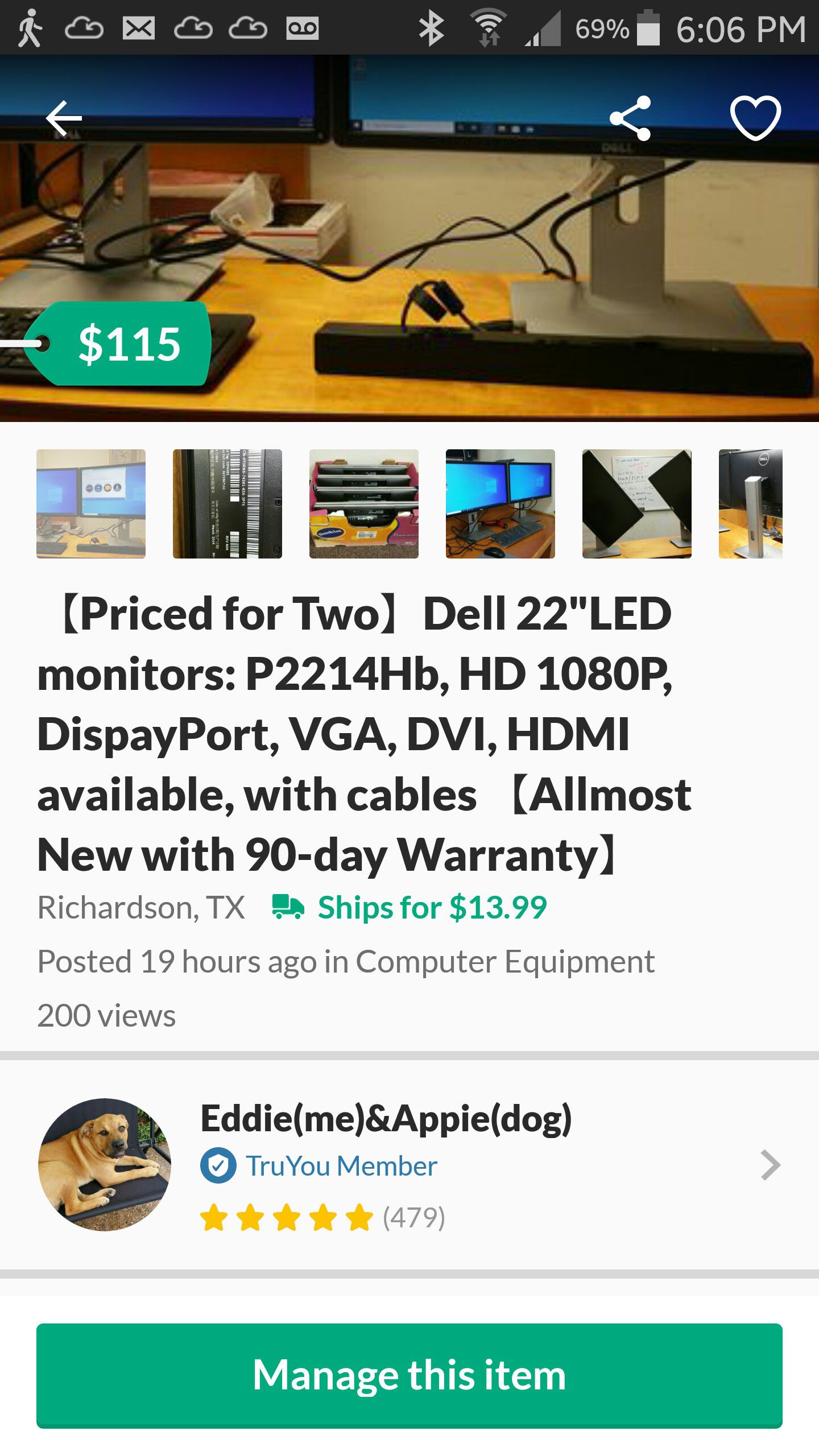 【Priced Both】Dell 22" LED monitors: P2214h, display ports: DP, HDMI, VGA, with cables ,sealed in manufacture boxes