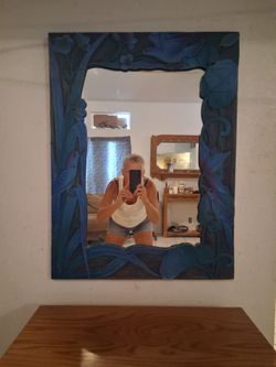 Indigo and Blue Vintage Hand-Carved Wood Mirror – Statement Piece!