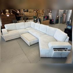 LIGHT SILVER RHF Fabric Half U-Shaped Pull Out Sectional Sofa w/ Storage Armrest w/ USB + Pillows