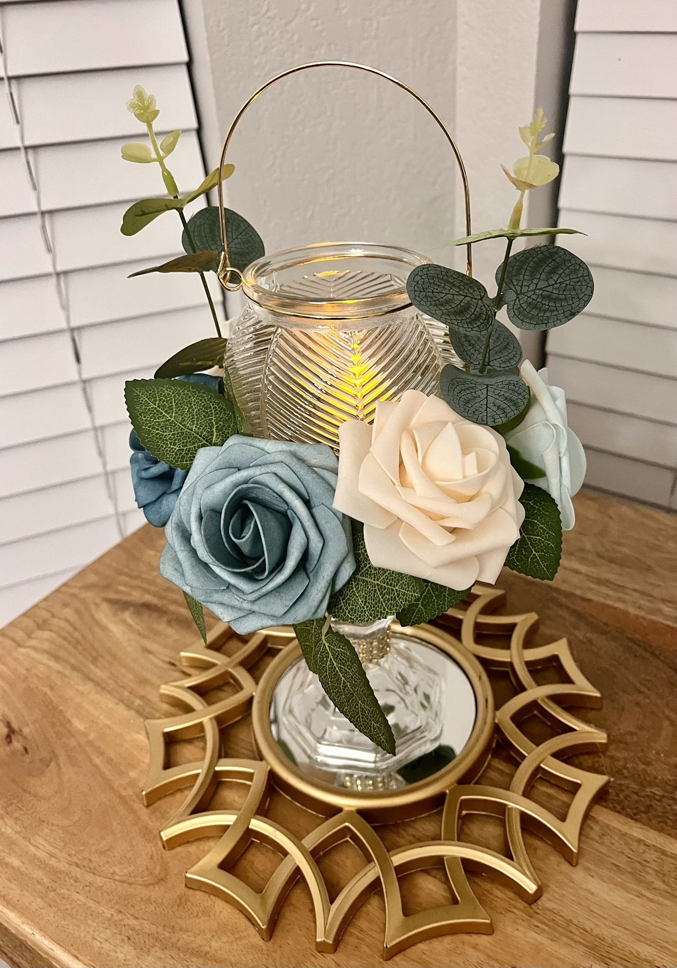 Blue Roses and Glass w/ Gold Lantern Centerpieces