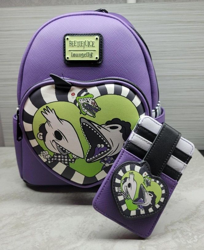 Loungefly Beetlejuice Purple Mini Backpack Purse And Cardholder Wallet Set
