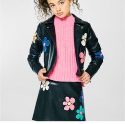 Girl's Faux Leather Floral-Patched Jacket, Size 10 Black faux leather jacket and skirt set with pink, blue, and white floral appliqués #floral #matchi
