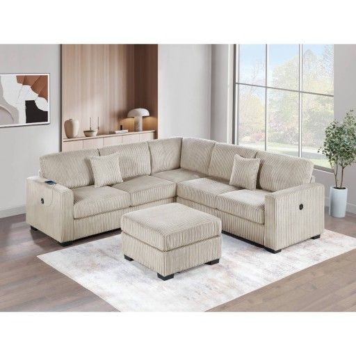 Corduroy Sectional Sofa With Ottoman And USB // Limited Time Offer
