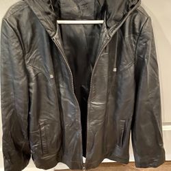 Ladies Black Leather Jacket w Hood 