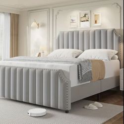 Clearance Sale/Gray Velvet Queen Bed Frame. Brand New In Original Box 