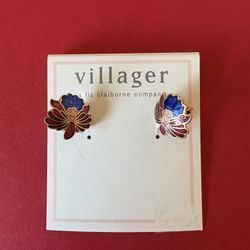 Vintage Enamel Orchid Liz Claiborne Villager Earrings 