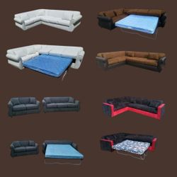 NEW 7X9FT Sectional COUCHES  With SLEEPER COUCHES.red Combo Brown, Charcoal, White LEATHER Set/ More Color FABRIC Avail