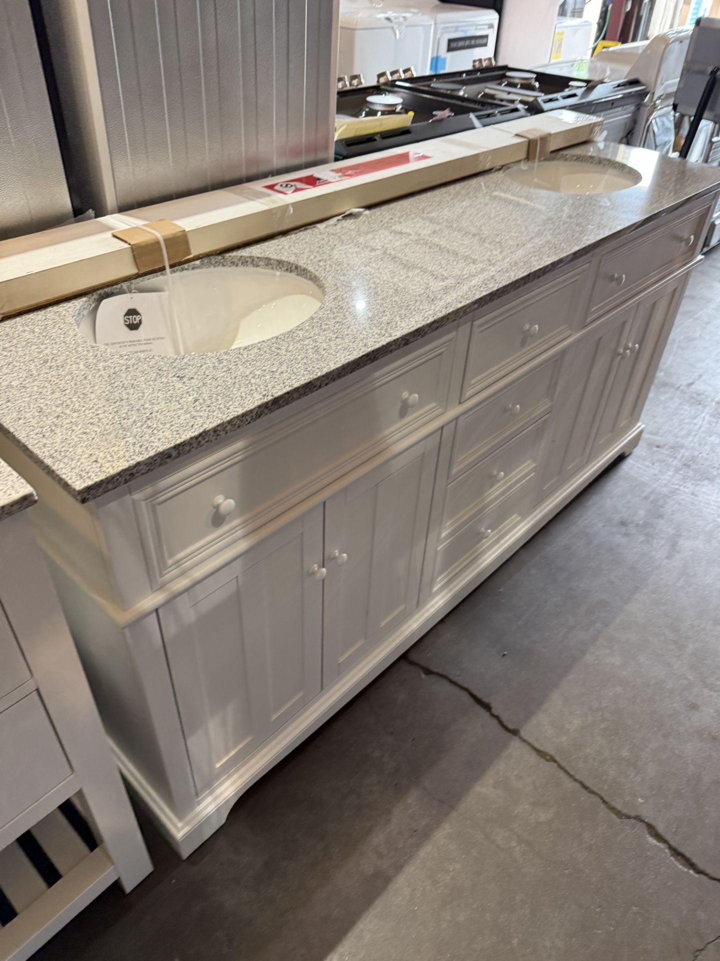Home Decorators Collection Fremont 72 in. Double Sink Freestanding White Bath Vanity with Grey Granite Top (Assembled