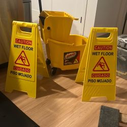 Libman Commercial /heavy Duty Mop Bucket(32qt) And Strainer With 2 Caution Wet Floor Signs
