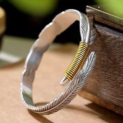 925 sterling silver women's lady's Men's Feather antique cuff bracelet Bangle Gift