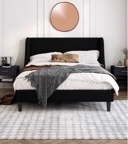 Full Size Platform Bed Frame with Fabric Upholstered Wingback Headboard