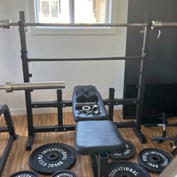 Bench, Bar + Weights