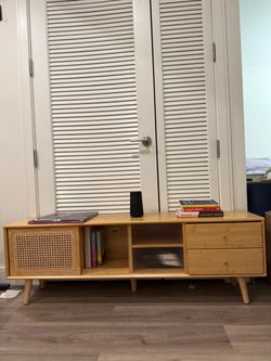55” Mid-Century Modern TV Stand with Rattan Door