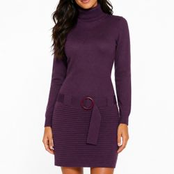 VENUS Whimsigoth Ribbed Knit Turtleneck Dress Plum Purple Belted Retro Size S