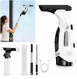 Window Vacuum Squeegee Cordless Electric 2000Pa(White with Rod) Electric squeegee 11-inch blade and 150mL tank for windows, shower doors, mirrors and