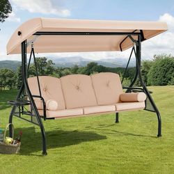 3 Seat Porch Swing with Adjustable Canopy, Patio Swing with Stand  Brand HOMREST Color Khaki Material Oxford Cloth-A Product Dimensions 46.7"D x 78.8"