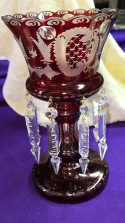 Vintage Bohemian Crystal Czech Ruby to Clear Etched Glass Mantel Luster CR1V004