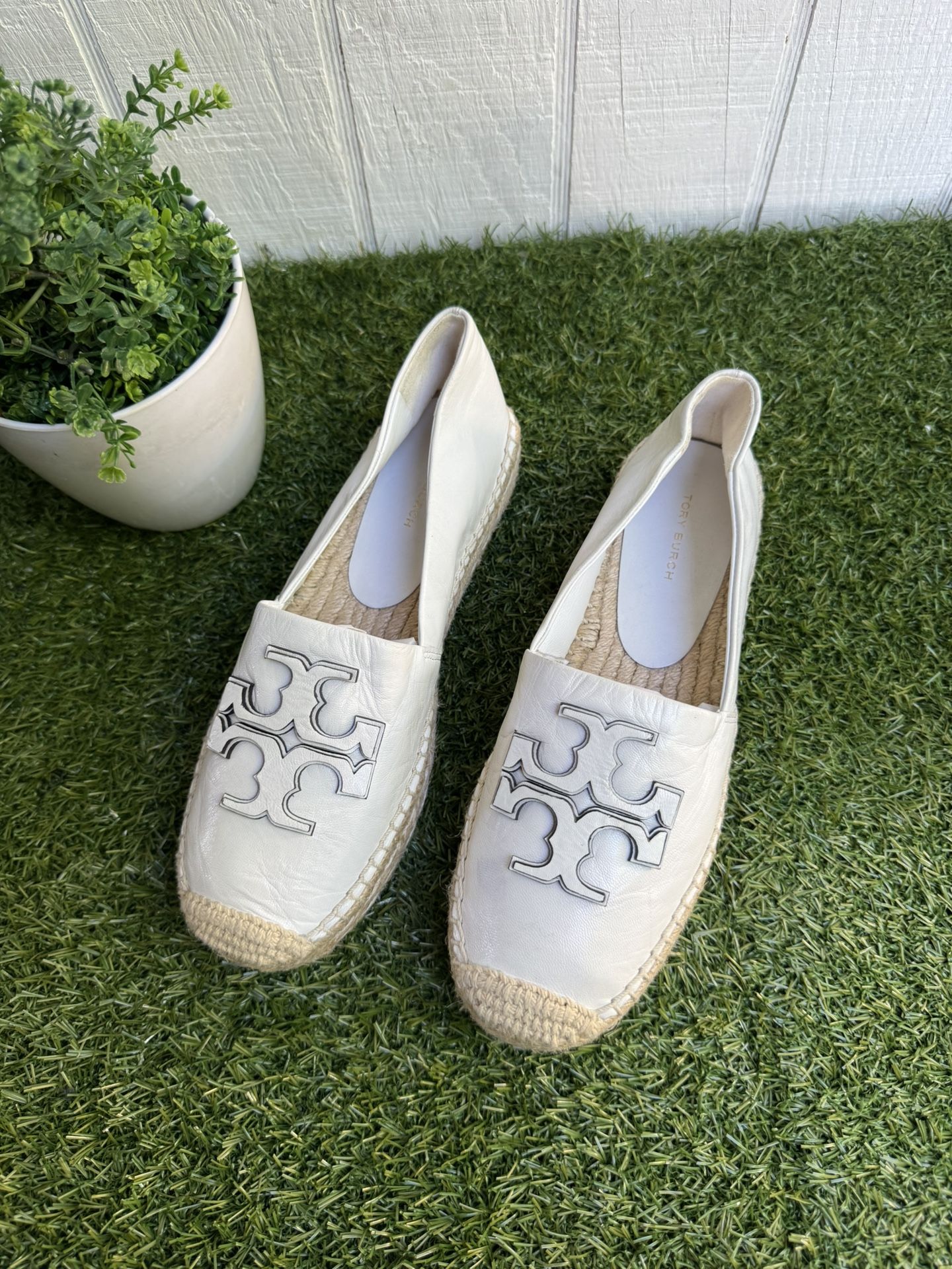 TORY BURCH Ines Leather Platform Espadrilles In Gardenia Sz 7 New store display