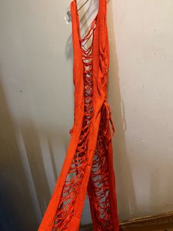 Orange Knit Fringe Open-Weave Maxi Vest