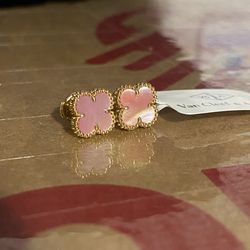 18K Solid Yellow Gold Clover Earrings 10mm Pink Mother of Pearl – HK Setting Press Lock