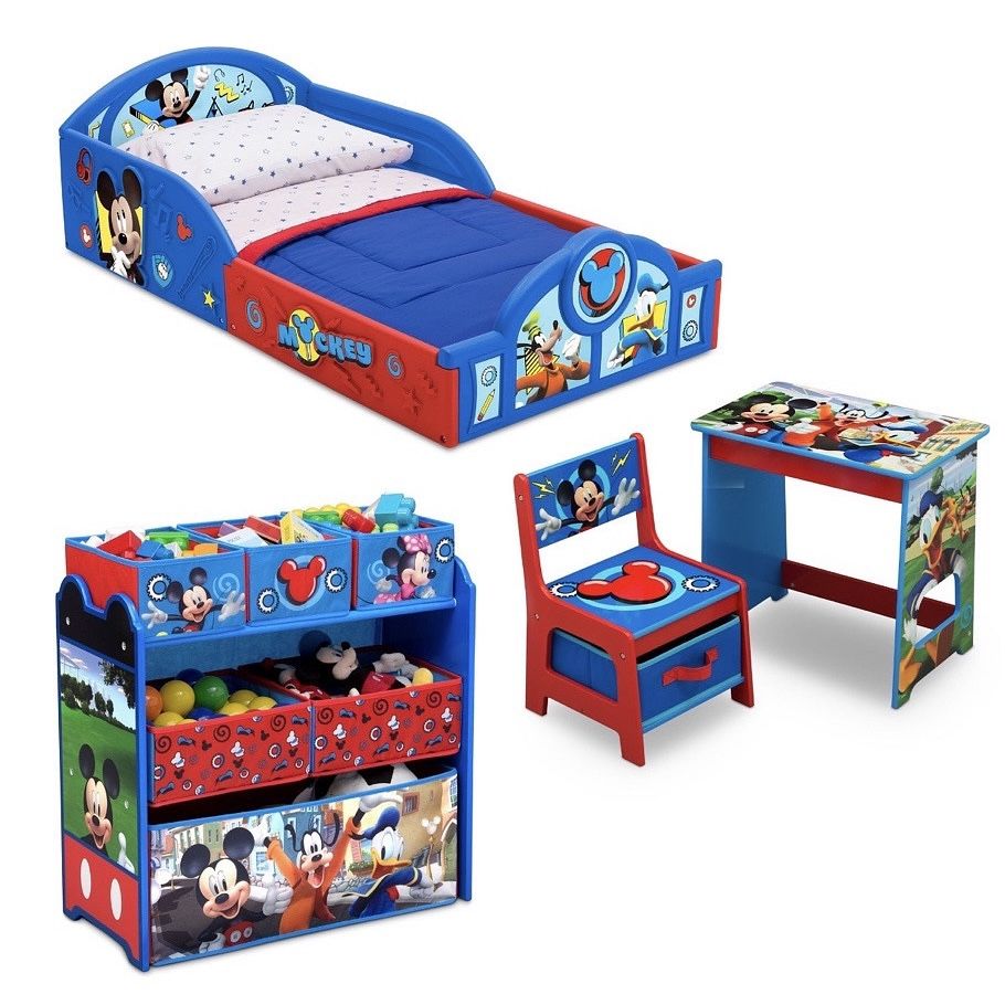 Disney Mickey Mouse 4-Piece Room-in-a-Box Bedroom Set by Delta Children - Includes Sleep & Play Toddler Bed, 6 Bin Design & Store Toy Organizer and De