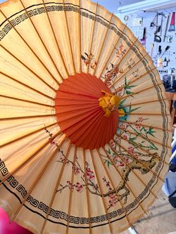 Vintage Asian-Style Hand-Painted Paper Parasol – $30