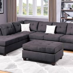 Brand New Ebony 3pc Reversible Sectional Sofa With Ottoman 