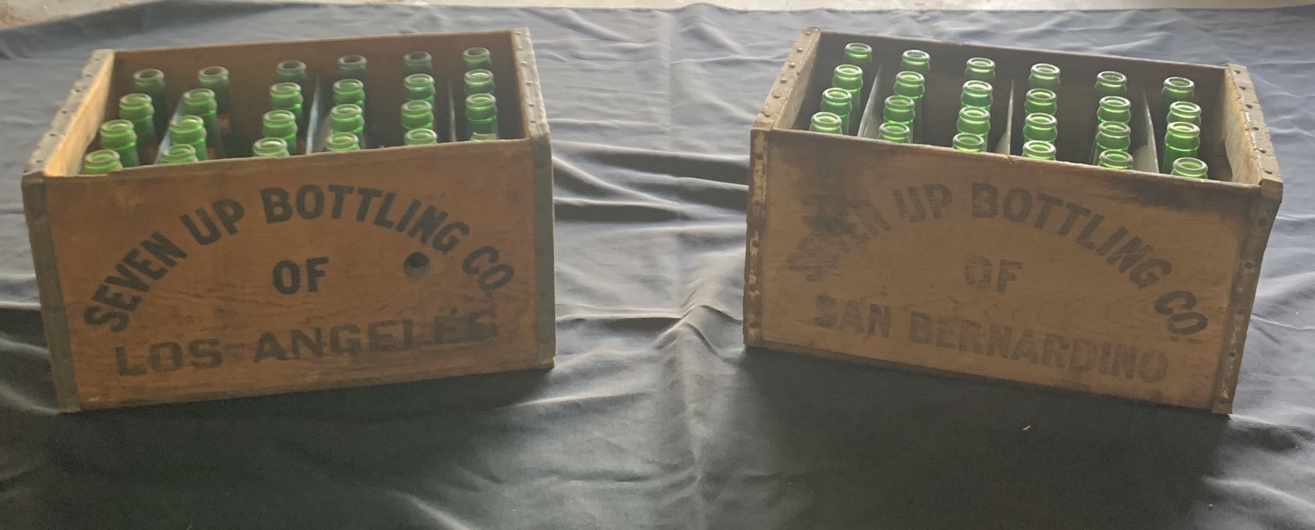 Antique 7-Up wood crates and bottles from Los Angeles and San Bernardino