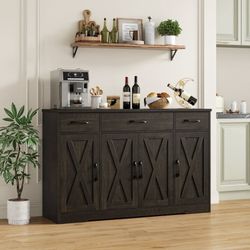 Buffet Cabinet with 3 Drawers and 4 Doors, 55.1” W Kitchen Sideboard Storage Cabinet with Adjustable Shelves, Farmhouse Coffee Bar Cabinet for Dining 