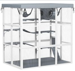 PawHut Large Outdoor Catio Cat

Enclosure with Hammock, Condo, Jump Platforms, Ladders, Ramps, Tarp, for 2-4 Large Cats, Gray