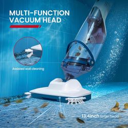 Pool Vacuum for Above Ground Pool, Upgraded 13.4" Wide Head & Telescopic Pole, 18.5 GPM Powerful Suction, 60 Mins Runtime, Cordless Handheld Rechargea
