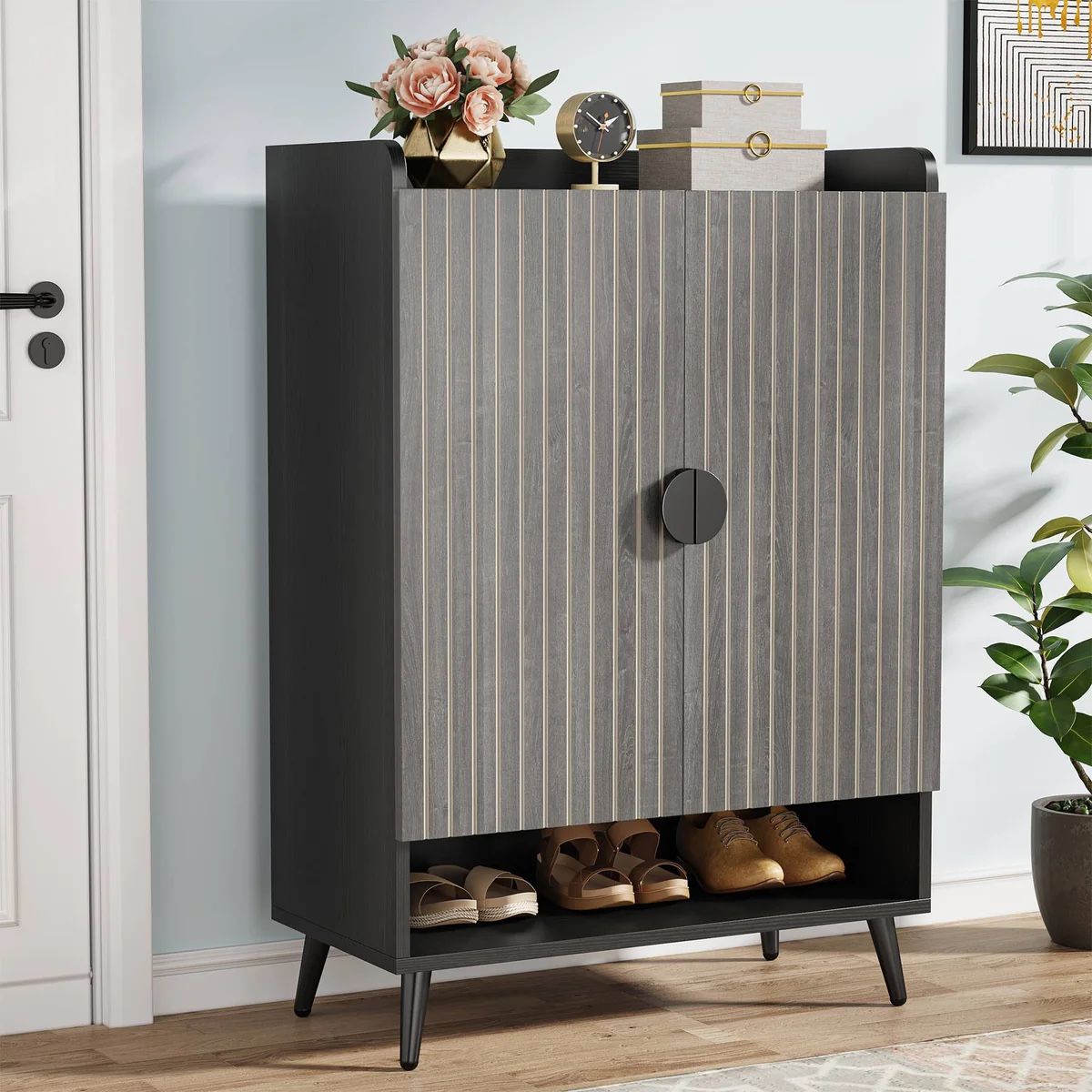 Tribesigns Shoe Cabinet with Doors, 7-Tier Shoe Storage Cabinet with Adjustable Shelves, Wooden Shoes Rack Shoe Storage Organizer for Entryway, Hallwa