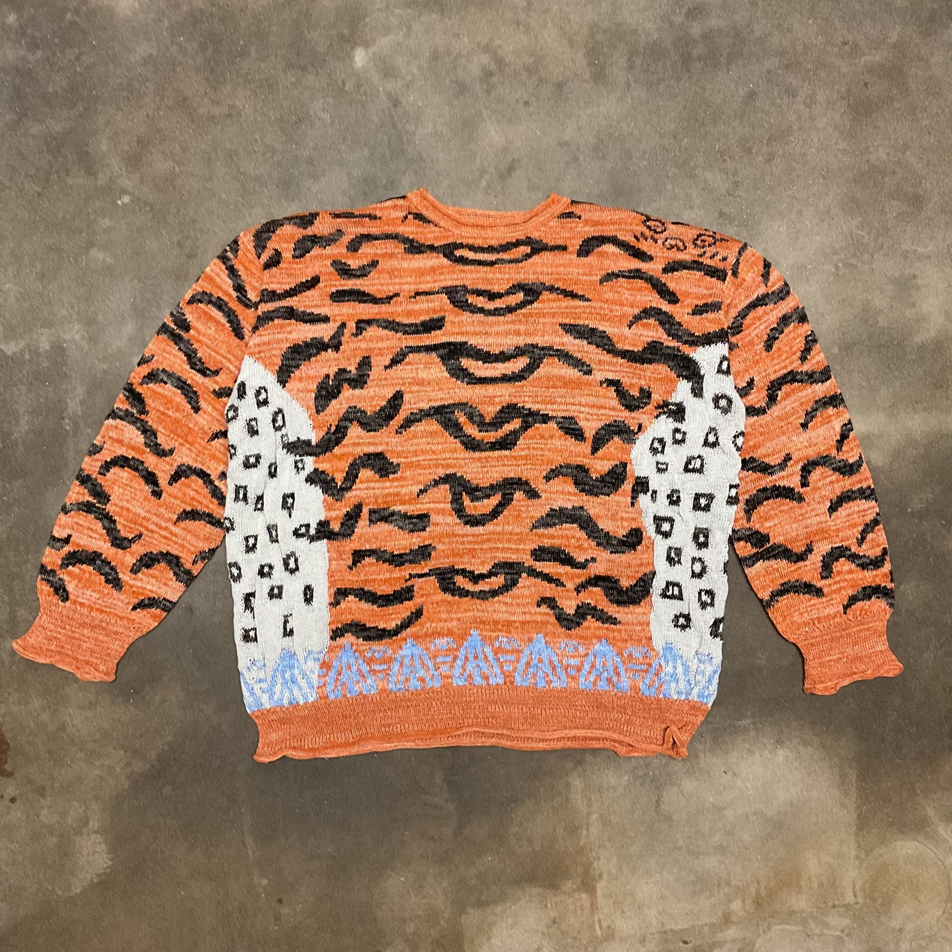 Kapital Tiger Knit Sweater Loose Fit Mixed Animal Pattern Orange Blue Mens 3 Fits L/XL