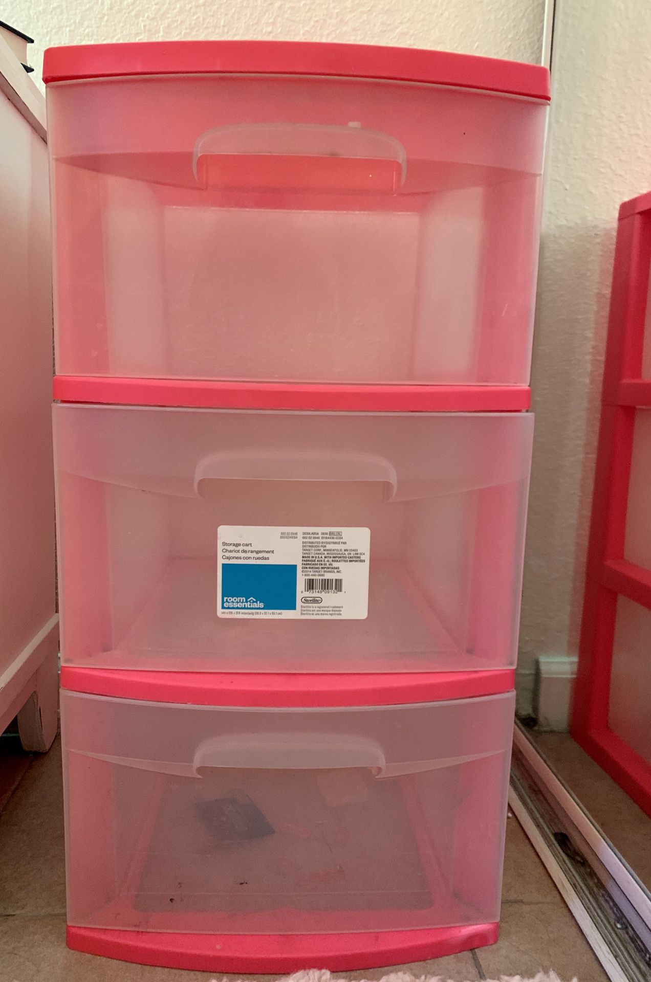 Pink plastic drawers w/wheels