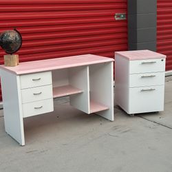 Pink Office Desk and Filing Cabinet