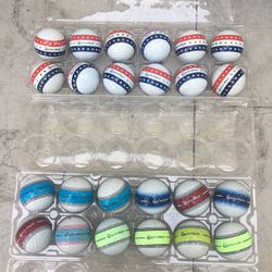 2 dozen Taylormade tour response stripe golf balls, 1 dozen Stars and Stripes  