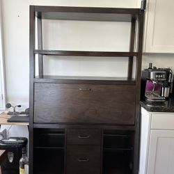 Modern Bar Cabinet / Hutch with Drop-Down Desk - Dark Wood Finish