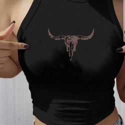 Casual Western Style Cactus Graphic Round Neck Fitted Women Cotton Cami Tank Top