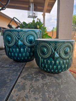 Teal Owl ceramic planter pot set