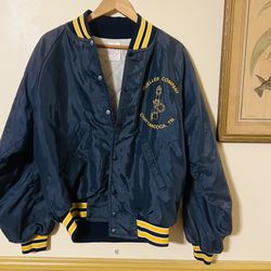 Vintage Mueller Company Navy Blue/ Yellow Satin Varsity Bomber Jacket Size Large 