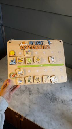 Responsibility Chart for Kids, 2 in 1 Morning Bedtime Daily Routine Chore Chart to Do List, 33 Checklist Tasks Planning, Wooden Visual Schedule Behavi