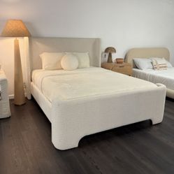 Modern Style White Bouclé Curved Headboard Bed w/ Wood Trim – NEW – King & Queen – $695 + FREE Delivery 