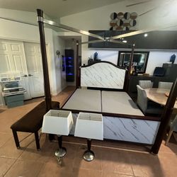 KING 4 Poster Bed SOLID WOOD + BRUSHED NICKEL Headboard, Footboard, Finials, Canopy Frame, Bench, 2 lamps, Boxsprings HEAVY DUTY set